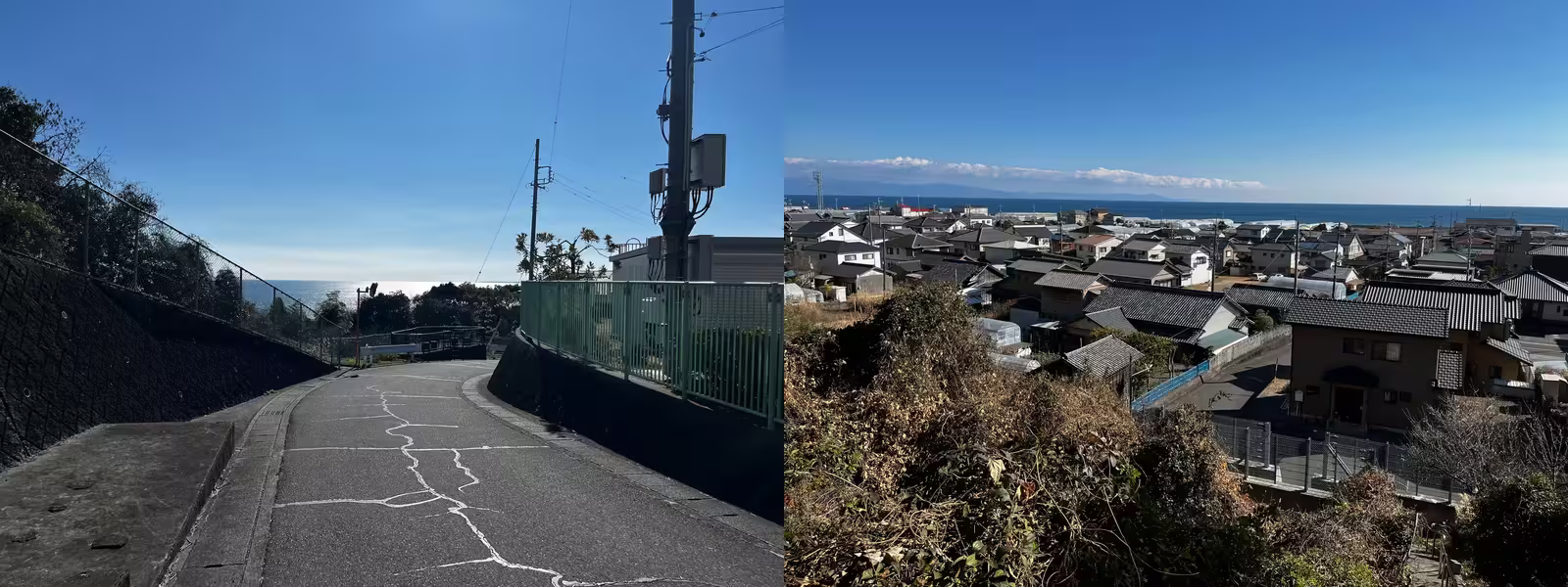 民家の背景に駿河湾が見えた。