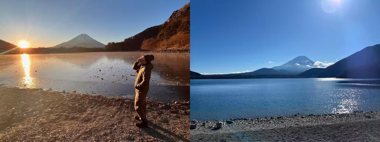 精進湖畔での黄金色の欠伸と本栖湖から見た富士山。